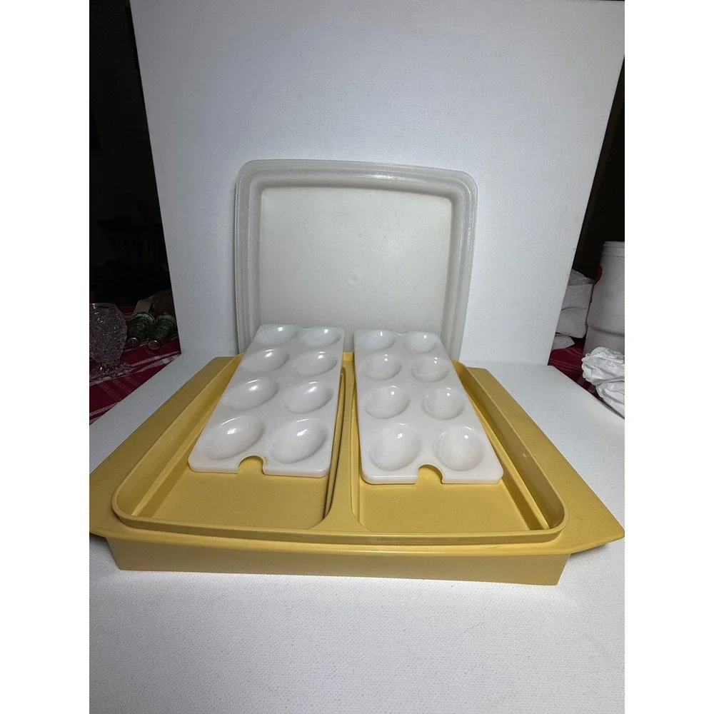Vintage Tupperware Deviled Egg Keeper Tray Holder Tan Made In USA Retro 1980s